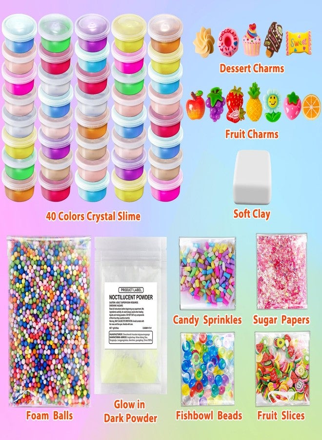 YOPINSAND 40 Cups DIY Slime Kit, Slime Making Kit for Girls, Crystal Clear, Glow in The Dark Slime with Add-ins, Foam Balls, Charms, Party Favors Gift Toys for Kids 3-12 - Image 3